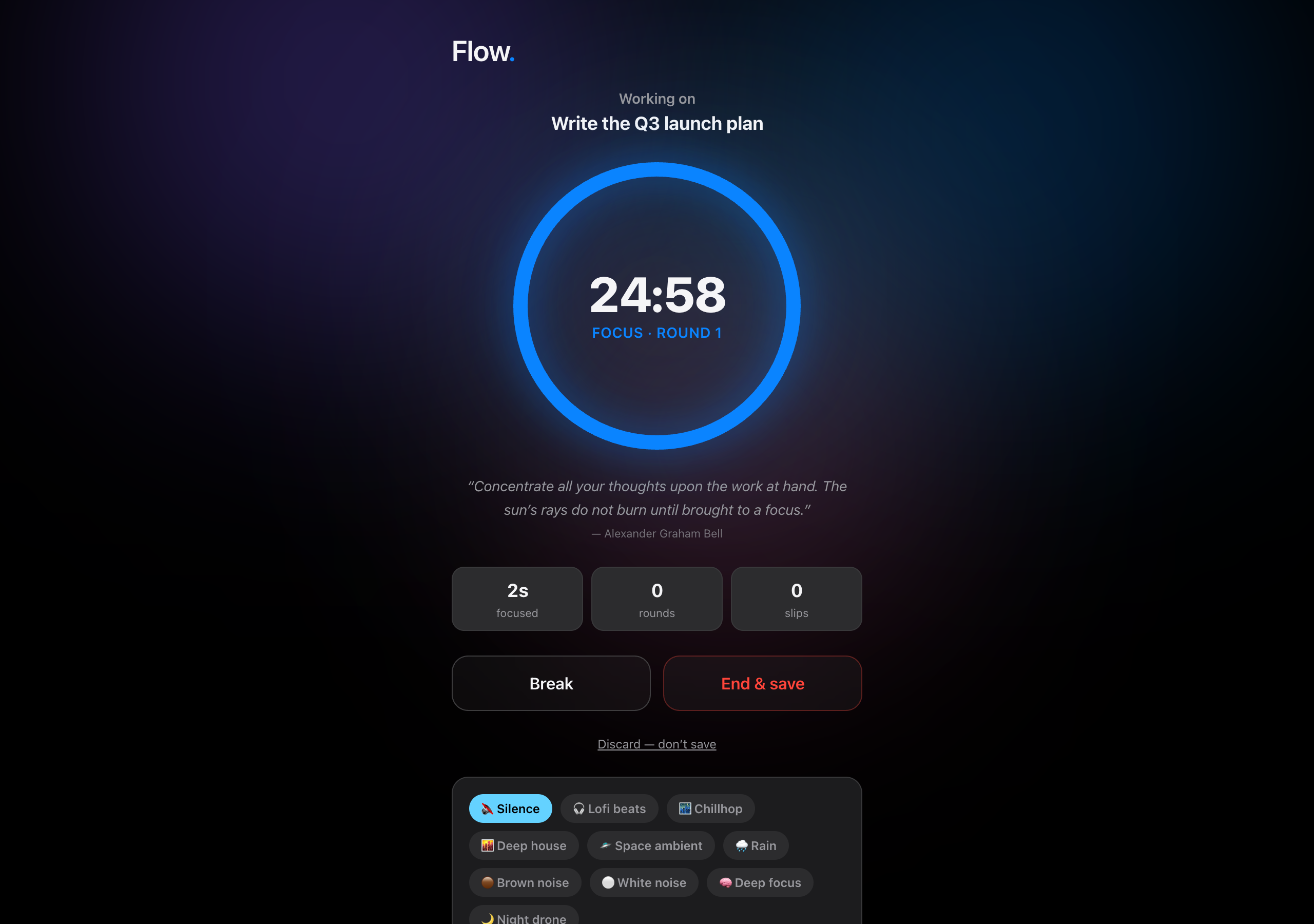 Flow deep-work timer running